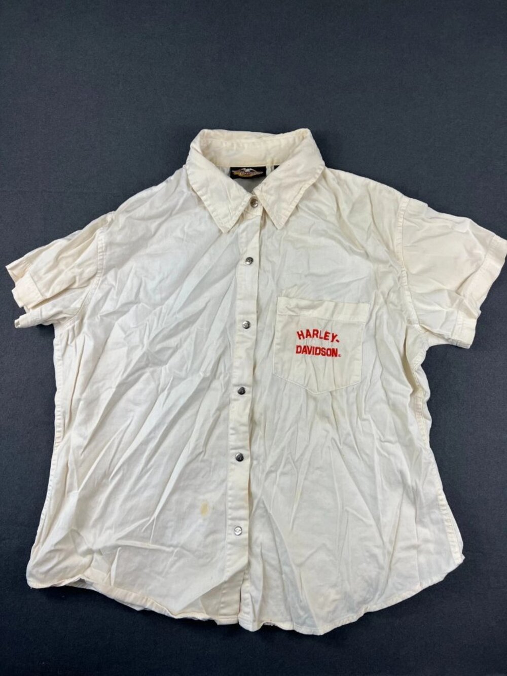 Vintage Harley Davidson Mens White Button Up Shirt Short Sleeve Embroidered L